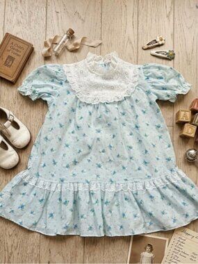 Vintage 70s JCPenney Girls Dress 6X White Floral Prairie Cottagecore Lace Bib